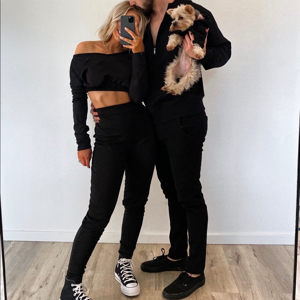 Black Off-Shoulder Cropped Top and High-Waist Leggings Set